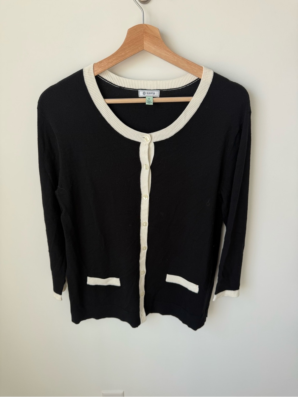 Susina Black Cardigan with Cream Trim | M
